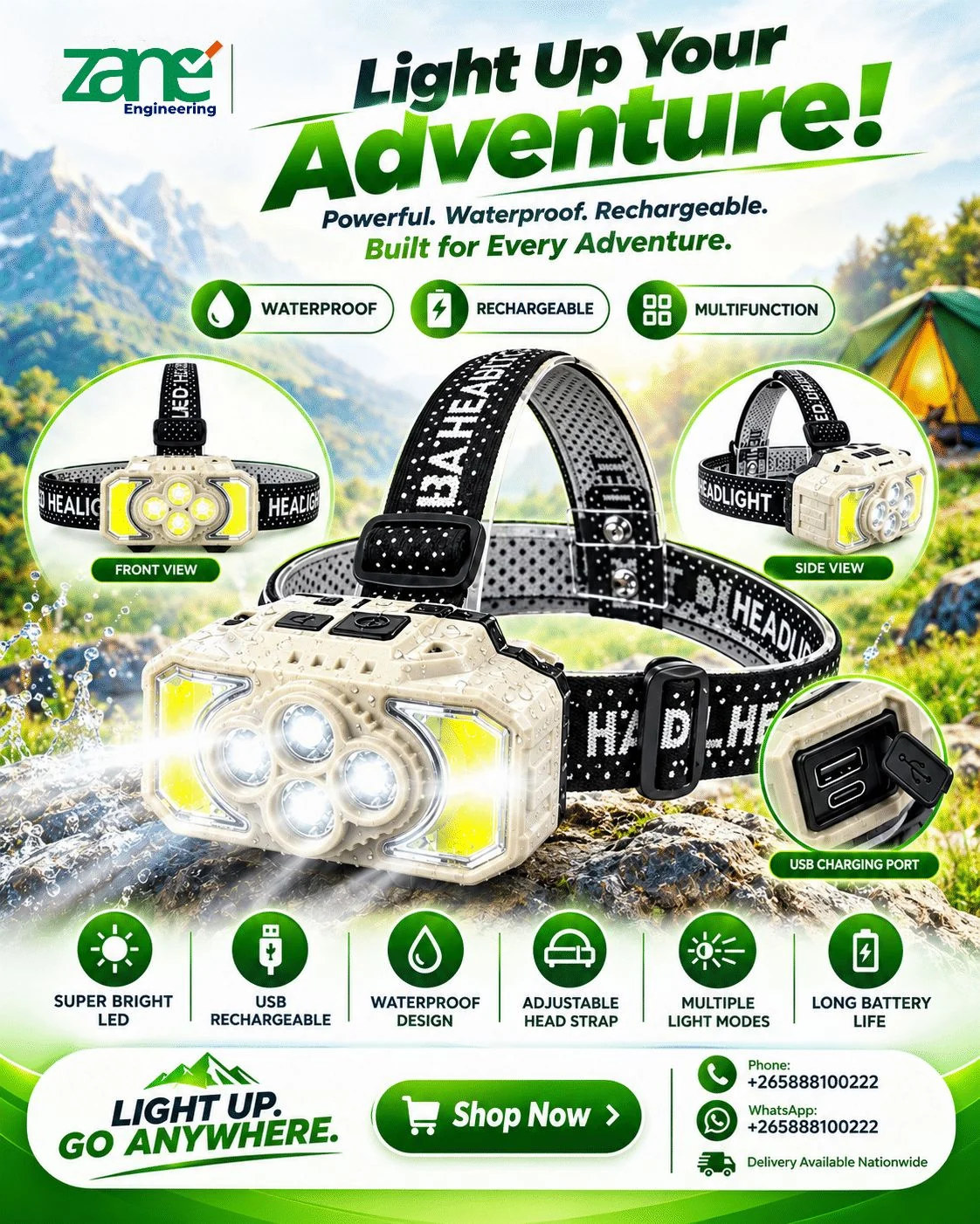 Zane Engineering rechargeable waterproof headlamp