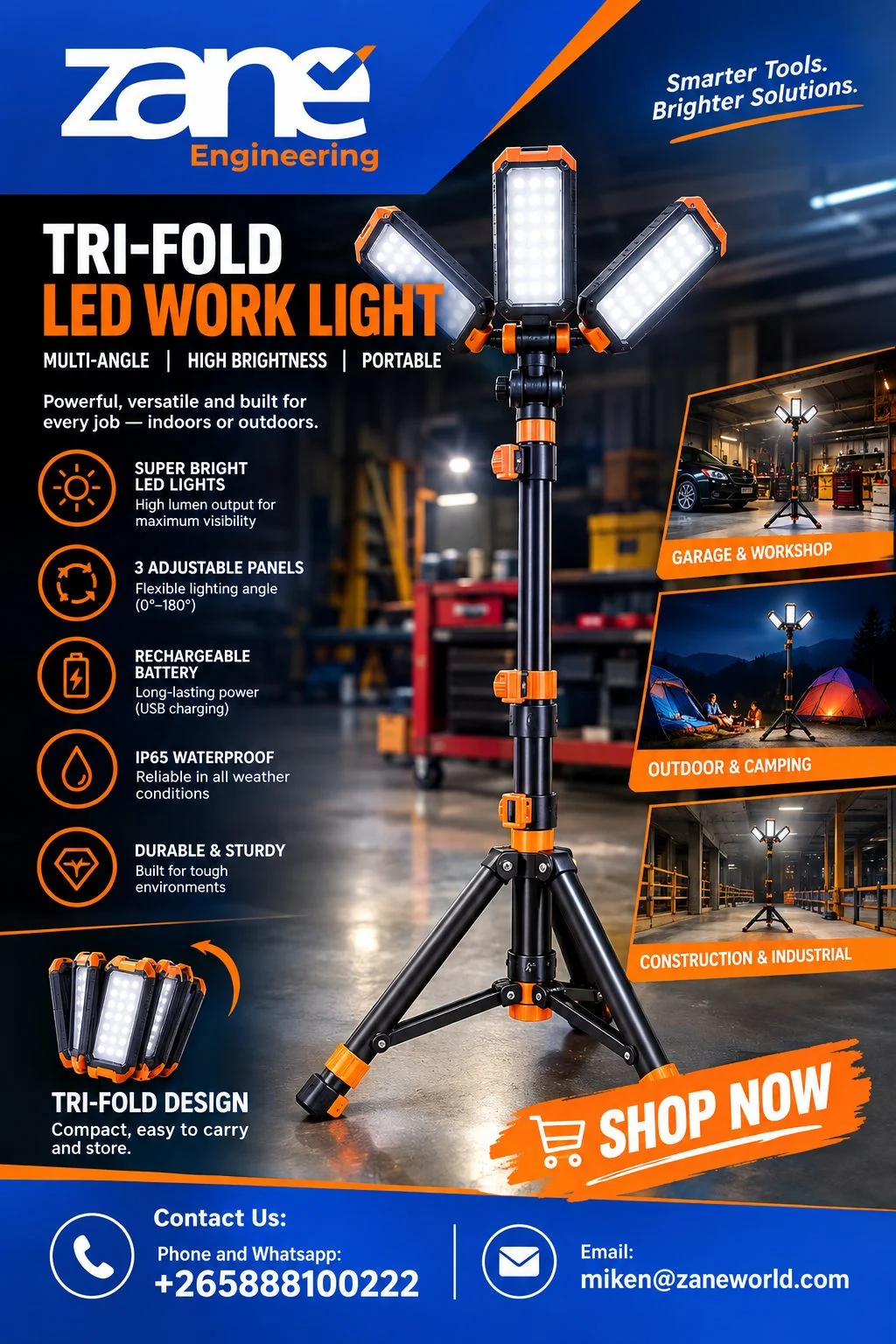 Zane Engineering rechargeable tri-fold LED work light